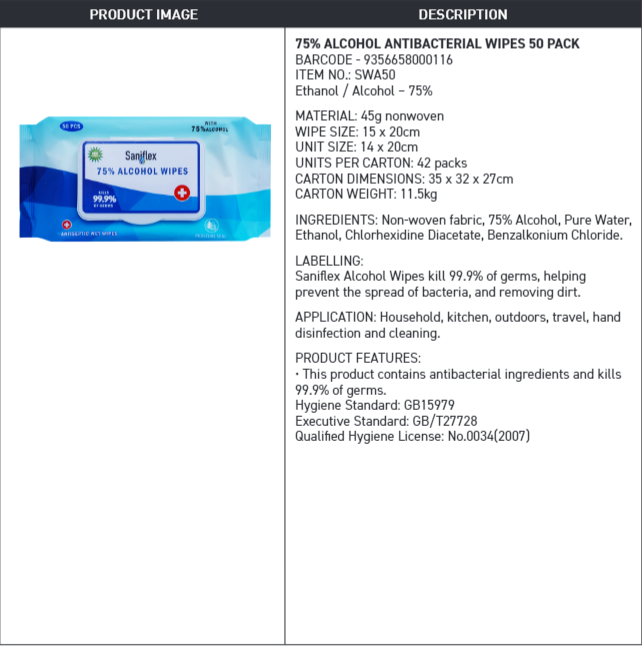 SANIFLEX 75 ALCOHOL SANITARY WIPES 50 PACK Cleaning Products